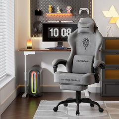 Ferghana Gamingstoel van fluweelstof - 52 cm breder zitkussen, vuurborduurwerk, ergonomische gamingstoel met hoge rugleuning en voetensteun | Computerstoel met massagefunctie en lendensteun voor volwassenen, grijs