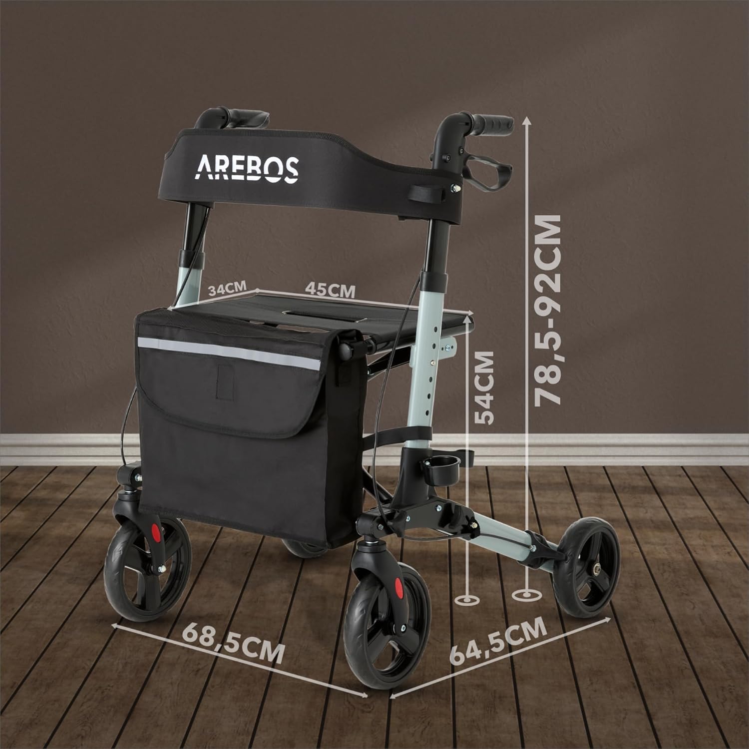 Arebos Lichtgewicht rollator van aluminium, 6-voudig in hoogte verstelbaar, opvouwbaar, incl. stokhouder en afneembare boodschappentas, loophulp met vastzetfunctie, zwart