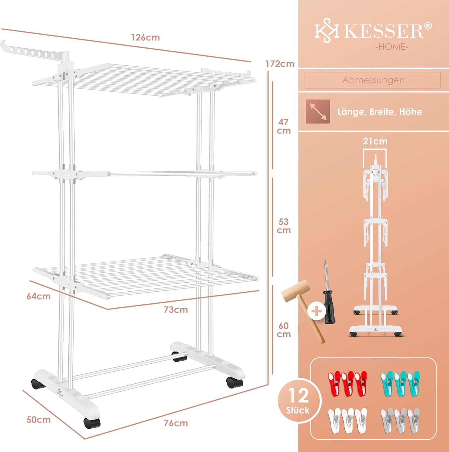 KESSER® Droogrek met wielen, ruimtebesparende wasdroger voor binnen en buiten, 4 etages, 2 draaibare zijvleugels en 6 inklapbare niveaus, staande droogtoren, inklapbaar, incl. klemmen