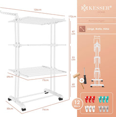 KESSER® Droogrek met wielen, ruimtebesparende wasdroger voor binnen en buiten, 4 etages, 2 draaibare zijvleugels en 6 inklapbare niveaus, staande droogtoren, inklapbaar, incl. klemmen