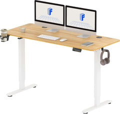 FLEXISPOT QS1 PRO Elektrisch Sta-bureau - Hoogteverstelbaar Zit-sta Bureau - Thuiskantoor/Studiekamer met Bekerhouder & Haken - 4-stands geheugenmodule - (140x60 cm) Esdoorn