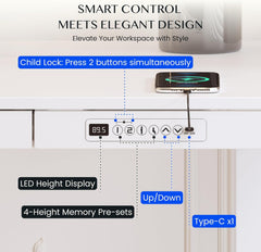 FlexiSpot Elektrisch in hoogte verstelbaar bureau met LED-hoogte-indicator, geheugenfunctie en USB-aansluiting, elektrisch bureau met lade voor thuiswerkplek 140 x 70 cm (wit)