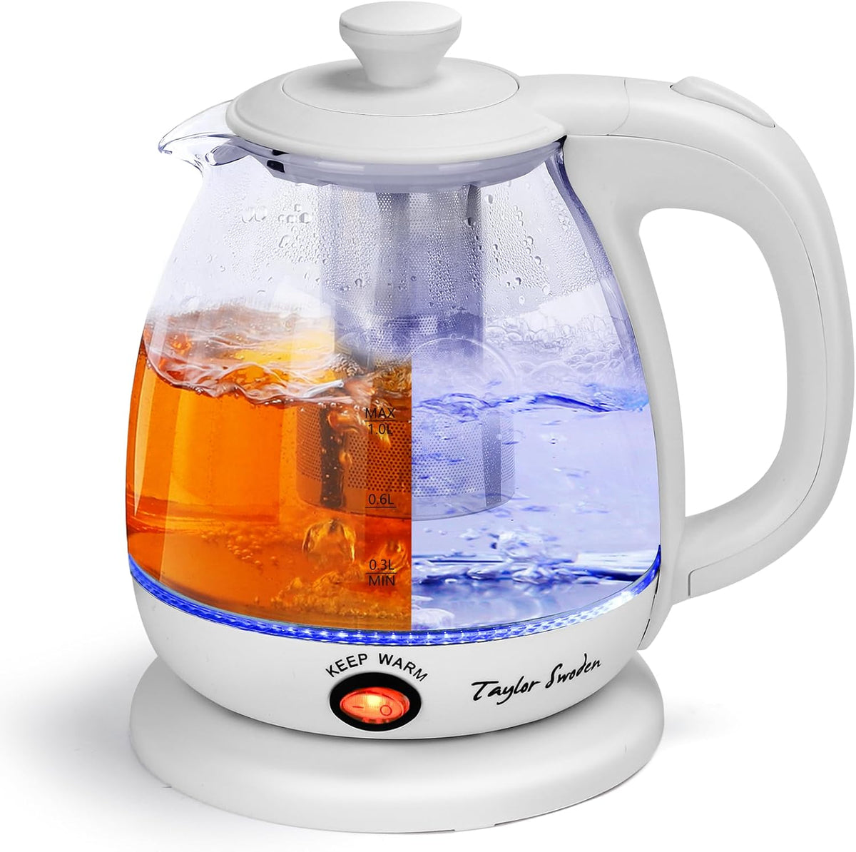 Waterkoker glas - met LED - 1L - 2200W - Wit - Taylor Swoden