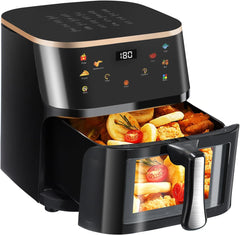 Zwarte 9L Airfryer met visueel venster, geschikt voor het hele gezin, 6-in-1 kookinstellingen, slim touchscreen, timerfunctie, vaatwasserbestendig, gezond koken zonder olie en met weinig vet