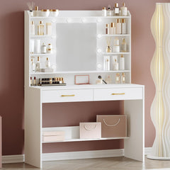 Hzuaneri Make-uptafel met spiegel, make-uptafel met legplanken en 2 laden, voor slaapkamer en woonkamer, verstelbare helderheid, 40 x 100 x 149 cm, wit DT38703X