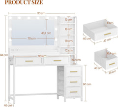 HEXCELEN Make-uptafel, kaptafel met grote spiegel, kaptafel met 5 laden, 5 open vakken, opbergruimte voor de spiegel, wit, 40 × 110 × 141 cm