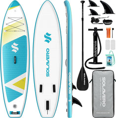 SOLAVERO Opblaasbare Paddle voor Volwassenen, 335 x 83 x 15 cm, Stand-Up Paddle met Antislip EVA-brug, Verstelbare Paddle, 3 Vinnen, voor Alle Niveaus, tot 200 kg, wit/blauw