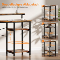 HLONONE Bureau, computertafel met led en monitorstandaard, pc-tafel met 2 planken en opbergtas voor werkkamer en slaapkamer, 100 x 48 x 74 cm, stabiel metalen frame, vintage bruin