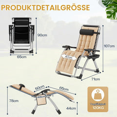 ST 2 stuks zonnebed, inklapbaar, tuinligstoel, weerbestendig, met ergonomisch kussen, ligstoel voor in de tuin met nekkussen, bekerhouder, zijzak, strandstoel, verstelbare rugleuning, beige