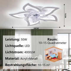 MiiR Stille led-plafondventilator met verlichting, 50 W, slaapkamer plafondlamp, met afstandsbediening en app, dimbare lamp met ventilator, 5 lampen, bloemenvorm, acryl lampenkap, woonkamer, keuken,