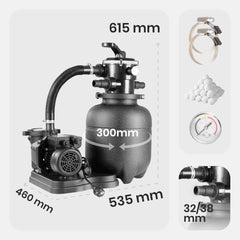 Arebos Zandfilterinstallatie met pomp incl. 600 g filterballen | 350 W | 9500 l/h | tankvolume tot 20 kg zand | 7-wegventiel met handgreep | met drukmanometer | zwembadfilter | zwart