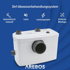 AREBOS Klein pompsysteem, fecaliënpomp, huishoudpomp, 600 W, 3 toevoeren voor toilet, douche en wastafel, GS-getest.