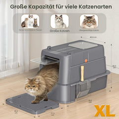 HEGGCOOE Kattenbak van roestvrij staal met deksel, XL, grote kattenbak met lade, gesloten kattenbak met instap voor en bovenaan, schep, filterpedaal, reiniging en geurcontrole, donkergrijs