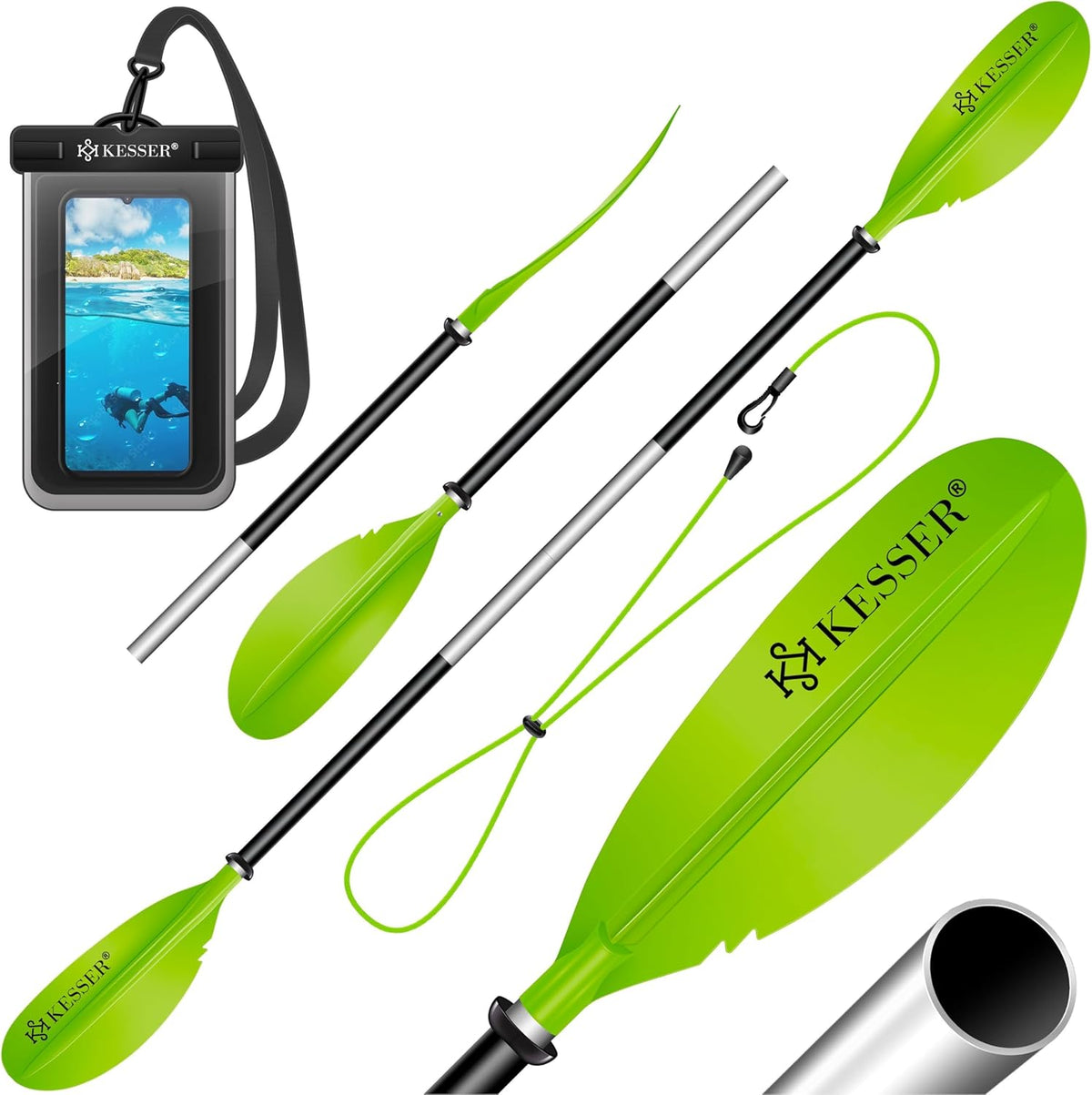 Dubbele paddel, 4-delig, voor kano, kajakken, SUP, stand-up paddling board, steekpeddel, 228 cm aluminium, super licht, voor opblaasbare boot, stand-up peddel, kajakken, surfboard, boot - KESSER®