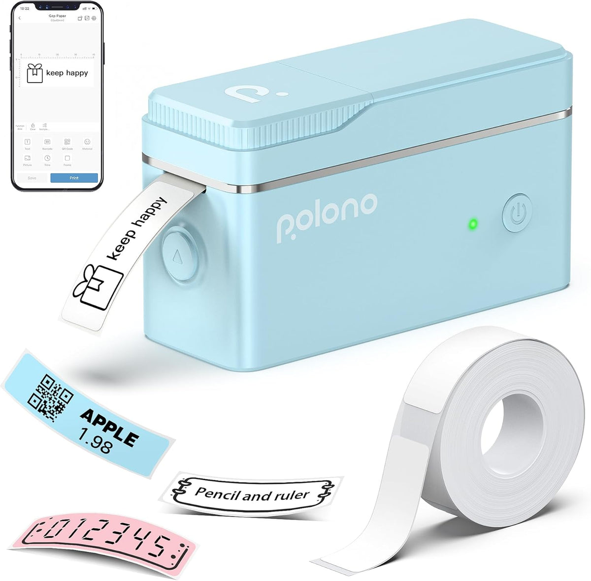 POLONO P31s Labelprinter, bluetooth, zelfklevend, mini-labelprinter, draagbare labelprinter met iOS Android, voor thuis, kantoor, blauw