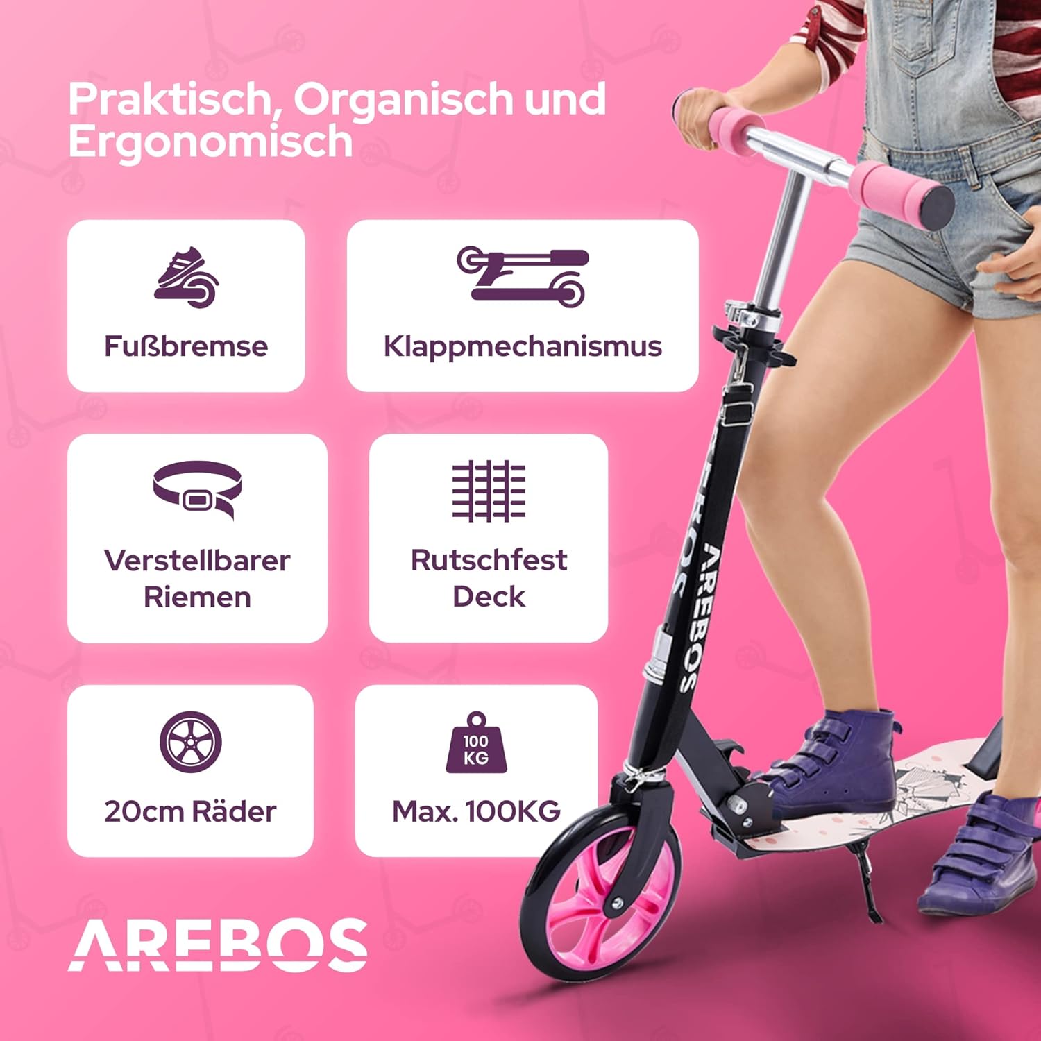 Arebos Cityroller groene scooter in hoogte verstelbaar | inklapbaar | incl. draagriem | XXL wielen | traprem | voor kinderen en volwassenen | tot 100 kg belastbaar | kickscooter | kickscooter