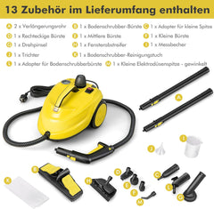 COSTWAY Stoomreiniger 2000 W, Vloerstomer met 1,8 L Waterreservoir en 13 Accessoires, Voor Tapijten, Ramen, Glas en Gordijnen – Geel