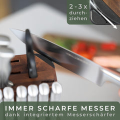 WALDWERK Messenblok - 11-delige messenset met messenblok en geïntegreerde messenslijper - messenblok met mes - steakmessen - keukenmessenset - messenset met blok - messenset