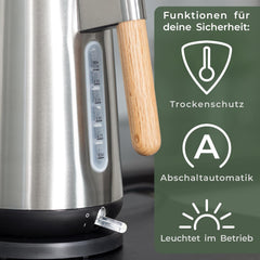 WALDWERK Design waterkoker - 3000 Watt - 1,7L - waterkoker roestvrij staal - waterkoker met echte eikenhouten handgrepen en roestvrij 304 roestvrij staal •