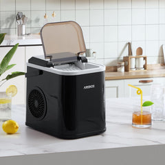 Arebos IJsblokjesmachine, 12 kg/24 uur, ijsblokjesmaker R600a, 8 ijsblokjes in 10 minuten, tank van 1,1 l, zelfreinigend en stil, incl. schep en houder, ijsblokjesmaker met kijkvenster, zwart