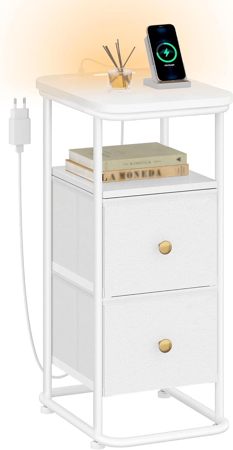 Hzuaneri Nachtkastje, smalle bijzettafel met ledverlichting, 1 USB-A-aansluiting, 1 USB-C-aansluiting, nachtkastjes met 2 stoffen laden, voor slaapkamer, woonkamer, wit NS12113W