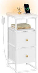 Hzuaneri Nachtkastje, smalle bijzettafel met ledverlichting, 1 USB-A-aansluiting, 1 USB-C-aansluiting, nachtkastjes met 2 stoffen laden, voor slaapkamer, woonkamer, wit NS12113W