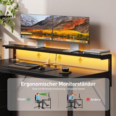 HLONONE Bureau met laden, 152 x 50 cm, gamingtafel met led en 2 stopcontacten en 3 USB-poorten, omkeerbare computertafel met plank en monitorstandaard, pc-tafel met haak voor thuiskantoor, zwart