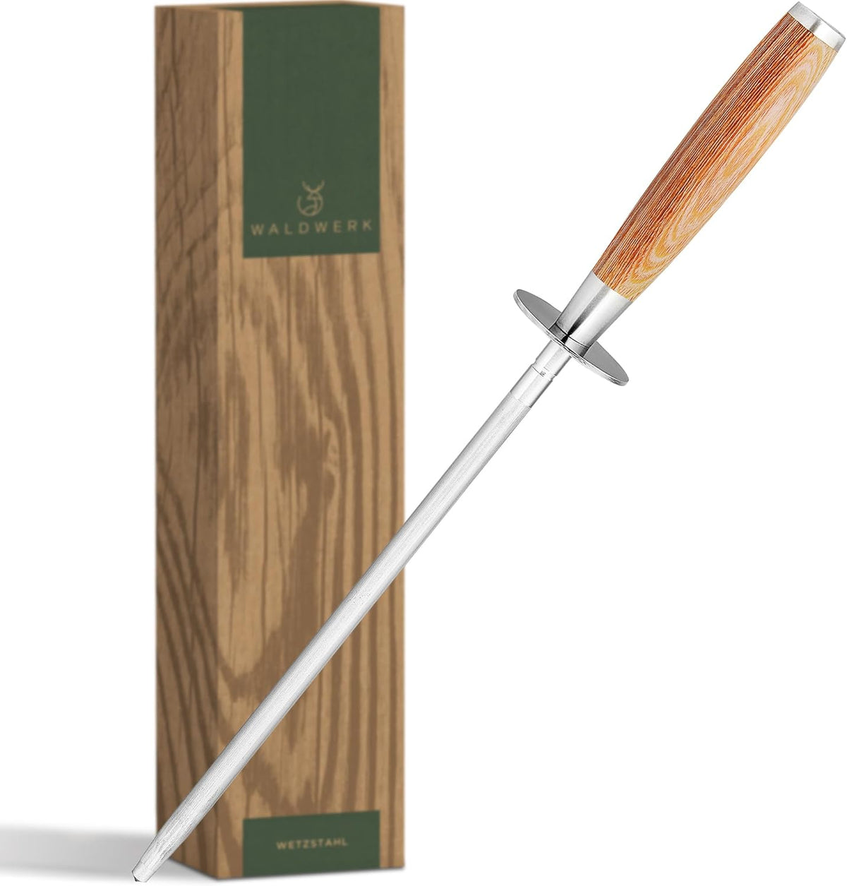 WALDWERK Premium aanzetstaal - messenslijper van gehard staal en met elegant houten handvat - 100% plasticvrij aanzetstaal voor messen - hoogwaardige messenslijper - messen slijpen als een