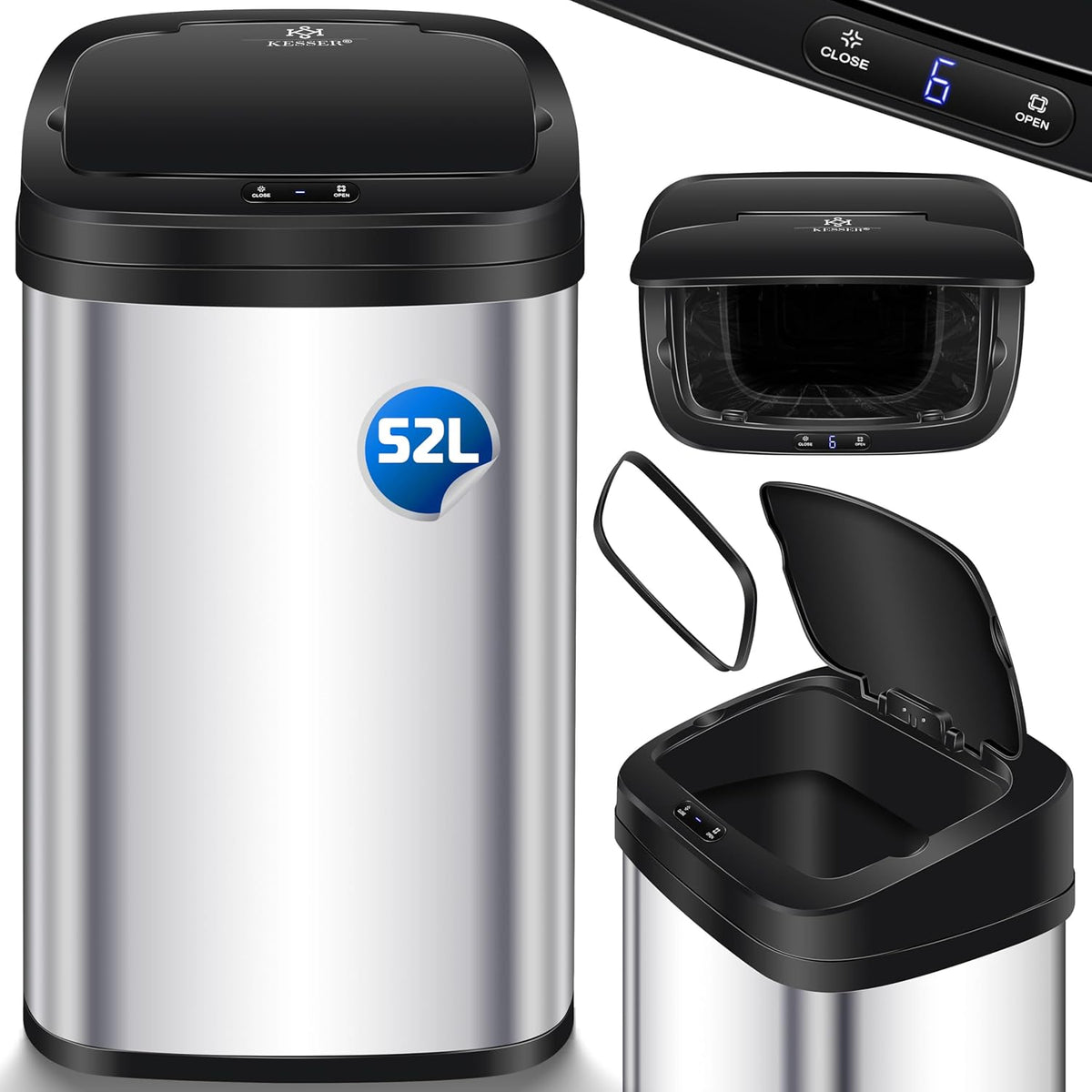 KESSER® Sensor vuilnisemmer keuken 52 L | Automatische met bewegingssensor afvalemmer & soft-close deksel | vuilnisbak met touch bedieningspaneel & sensor | LCD-display | roestvrij staal | incl.