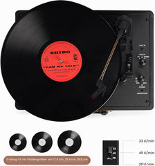 Retrolife Vinylplatenspeler, 3 snelheden, bluetooth-behuizing, draagbare bandaandrijving, draaitafel met ingebouwde luidsprekers, RCA-uitgang, AUX-ingang in hoofdtelefoonaansluiting, zwart