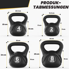 Verdego Kettlebell set 4-delig, kettlebells 2 kg, 4 kg, 6 kg, 8 kg, zwart