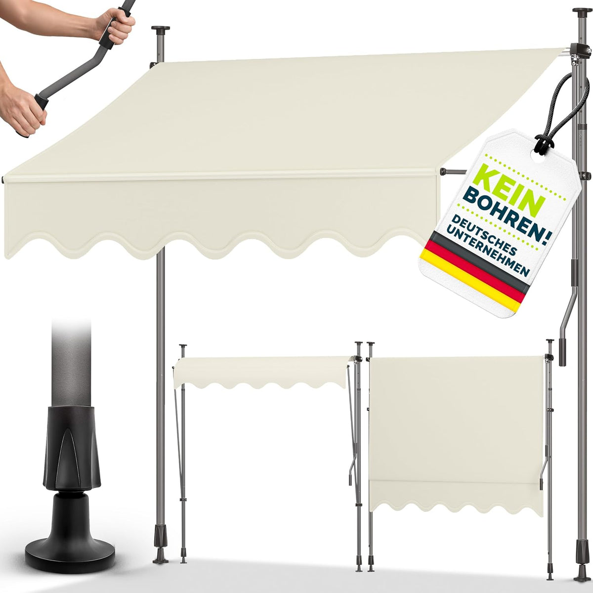 tillvex Klemluifel met handslinger, balkon, balkonluifel zonder boren, luifel uv-bestendig en in hoogte verstelbaar, zonwering, terras en tuin, waterdicht (zand, 250 cm)