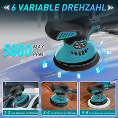MAWIRON Polijstmachine auto met 6000 mAh accu, 6 inch Orbital accu-polijstmachine voor Makita, 6 variabele snelheden 5800 tpm draadloze polijstmachine, 2 x 3000 mAh batterijen, 22 stuks opzetstukken •