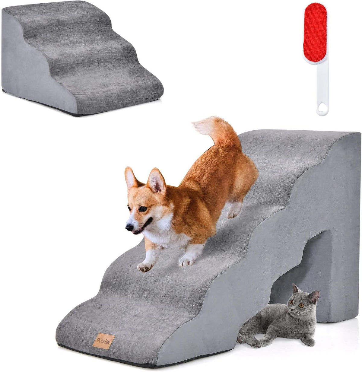 COSTWAY Hondentrap, 5 + 3 treden, antislip hondentrede, schuim, 30+20 kg belastbaar, huisdiertrap voor honden en katten, afneembaar, hondentrap voor bank, bed, wasbare hoes, grijs