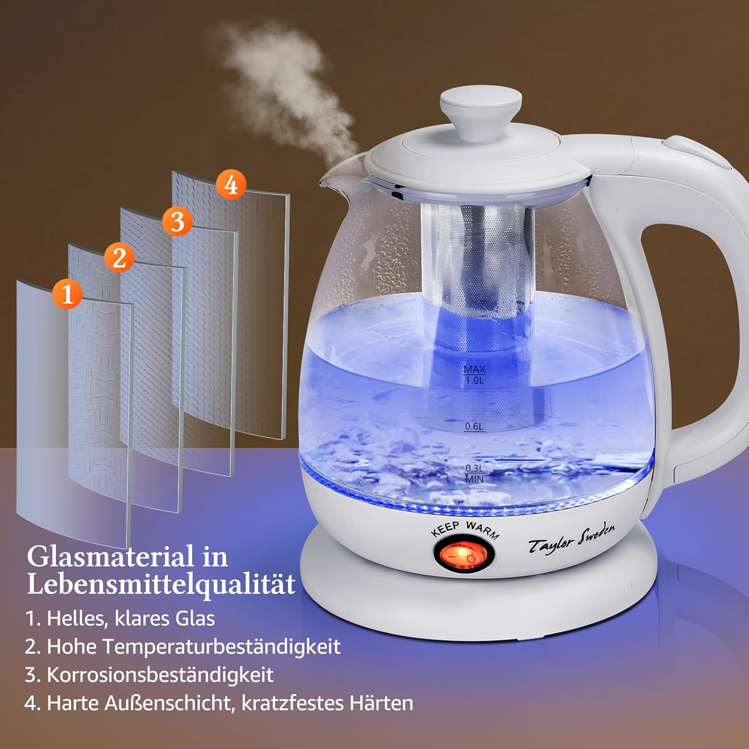 Waterkoker glas - met LED - 1L - 2200W - Wit - Taylor Swoden