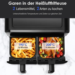 Dual Zone heteluchtfriteuse met kijkvenster, 9 l XL capaciteit, dubbele airfryer, 2 laden, 8-in-1 kookspecificaties, touchscreen, smart en timerfunctie, gezonde friteuse zonder olie en vetarm koken.