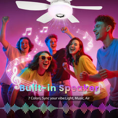 Plafondventilator met verlichting en afstandsbediening, E27, met luidsprekers, dimbare ventilatorlamp, led, 3000-6500 K, RGB-sfeerverlichting en timer, stil voor slaapkamer en woonkamer