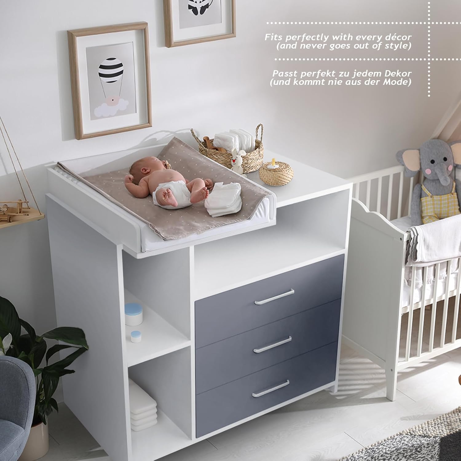 Infantastic® Aankleedcommode -met aankleedkussen, 3 laden, 3 vakken, 113x53x101,6 cm, in MDF, wit/grijs •