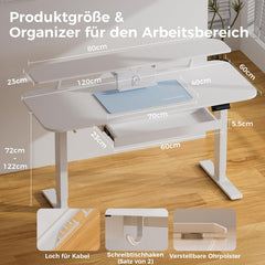 COMHOMA In hoogte verstelbaar bureau, elektrisch, 120 x 60 cm, elektrisch bureau met laden, monitorstandaard, tabletstandaard, bureau met 3 hoogtes geheugenbediening, wit
