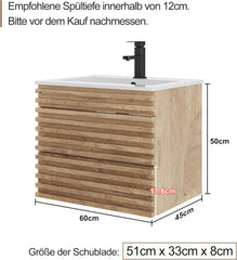 UEV Wastafelonderkast hangend 60 cm, badkamerkast met 2 laden, soft-close-systeem, onderkast voor badkamer, wasplaats, wastafelonderkast, badkamermeubel voor gastentoilet, natuur