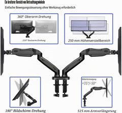 Invision Dubbele PC Monitor Arm Beugel voor 17-27" Schermen - Ergonomische Hoogte-Assistentie Full Motion Desktop Klem Mount Verstelbare Kantelen en Draaien VESA 75mm & 100mm Gewicht 2-6,5kg (MX300)