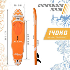 Physionics® Stand Up Paddle Board - 320 cm Aufblasbar, Verstellbares Paddel, Handpumpe mit Druckmesser, Rucksack, Reparaturset, Farbwahl - SUP, Paddling Board, Surfboard