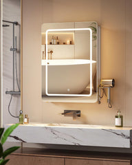 Hzuaneri MC30103XEU Spiegelkast voor badkamer, spiegelkast met 3 kleurtemperaturen, dimbaar, badkamerkast met spiegel en verstelbaar rek, 16,5 x 50 x 70 cm, wit