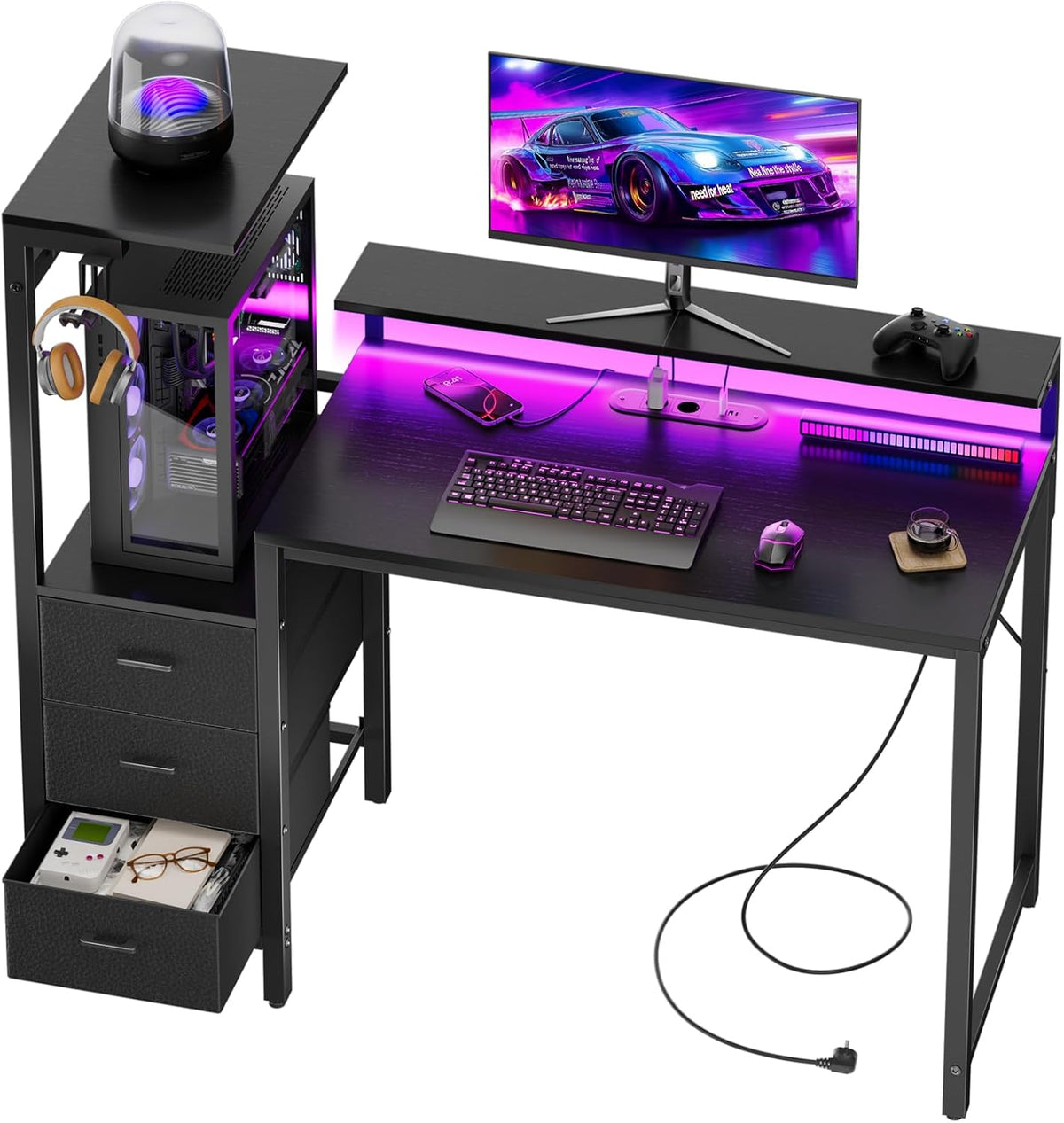 HLONONE Bureau met laden, gamingtafel met led en 2 stopcontacten en 3 USB-poorten, omkeerbare computertafel met plank en monitorstandaard, 112 x 50 cm, pc-tafel met haak voor thuiskantoor, zwart