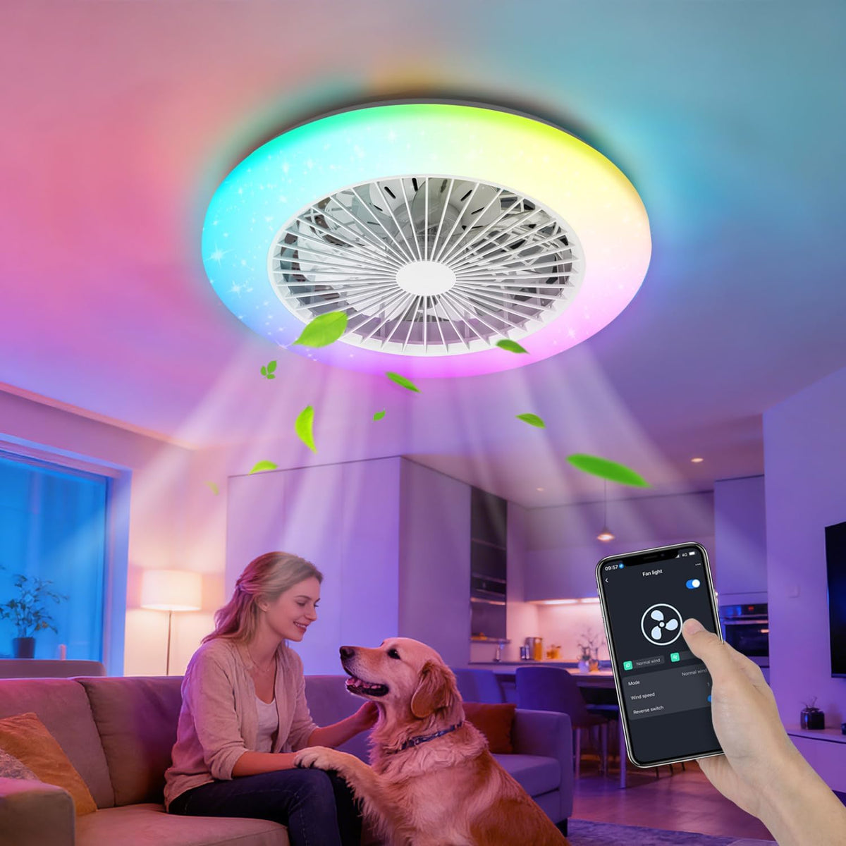 Aigostar Plafondventilator met verlichting, wifi, app-bediening, muzieksynchronisatie, led 46W, 4800LM, 2700K-6500K y RGB instelbaar, plafondlamp met ventilator, smart met afstandsbediening