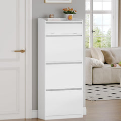 HEXCELEN Schoenenkast smal met 3 klapdeuren, schoenenkast, smal, hoog, met 1 drop-down-opslag, tot 18 paar schoenen, verstelbare legplanken, voor gangen, ingang, 60 x 24 x 145 cm, wit