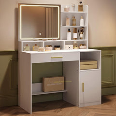 Hzuaneri Make-uptafel met spiegel en ledlicht, met 3 planken en 4 open vakken, make-uptafel met grote laden en kasten, 3-voudig regelbare verlichting, wit DT42103XEU