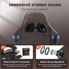 GTPLAYER Gamingstoel, ergonomische gamingstoel, bureaustoel, racestoel met voetensteun, luidspreker, muziek, bureaustoel, belastbaar tot 150 kg, lichtbruin