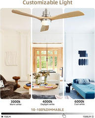 Sofucor 132 cm plafondventilator met verlichting, afstandsbediening, dimbaar, LED-verlichting, 3 houten ventilatorbladen, omkeerbare DC-motor, moderne landelijke plafondventilator met 3 opzetstukken