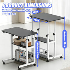 Verdego In hoogte verstelbaar bureau, bijzettafel met wielen, 2 planken, pc-tafel 40 x 60 x 63-90 cm, ruimtebesparend, kleine mobiele computertafel voor thuiskantoor, bank, bed (zwart)